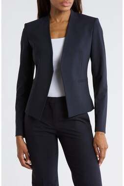 Theory Lanai Blue Minimalist Corpcore Open Front Stretch Wool Blazer Jacket Sz 4